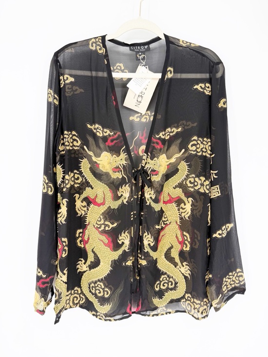 Citron Tops - NWT Citron Santa Monica 100% Silk Printed Dragon Front Tie Kimono Asian